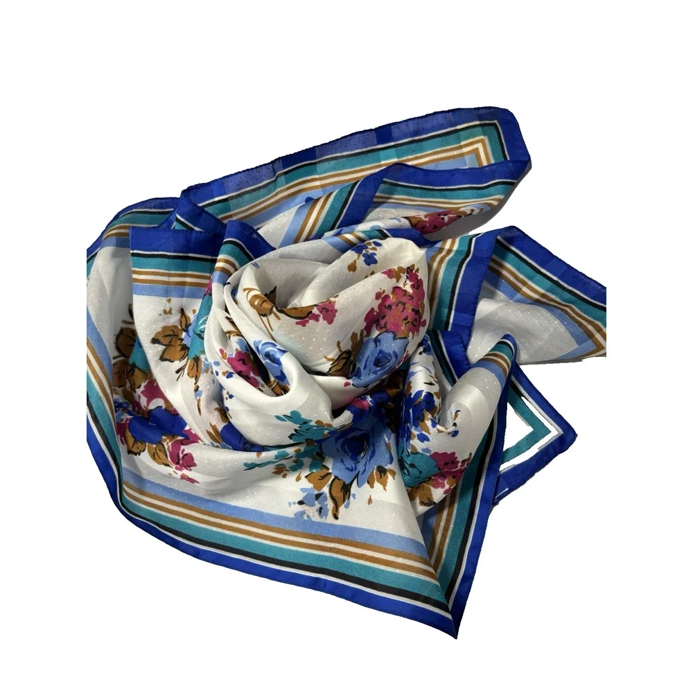 Vintage Blue Pink Floral Square Scarf BOHO Retro Feminine Dainty Bloomcore Fairy